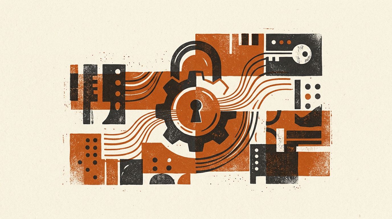 Block-print illustration of a padlock and gear linked to keys and machinery, representing browser-based password generation